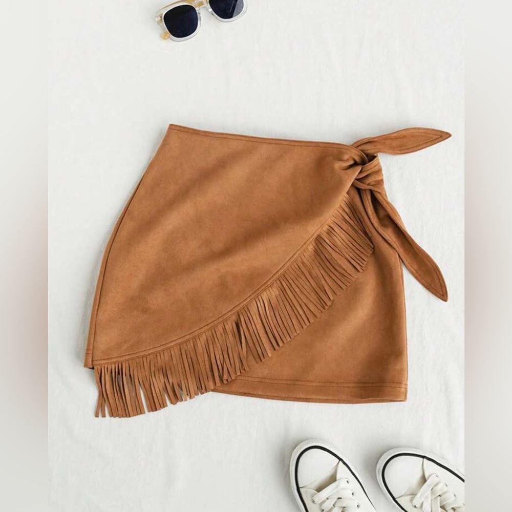 Brown Faux suede skirt with Fringe Wrap